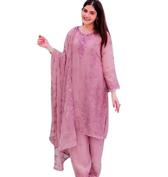 RKB INDIA Women's Faux Georgette Embroidery Work Straight Kurti with Pant and Dupatta Set