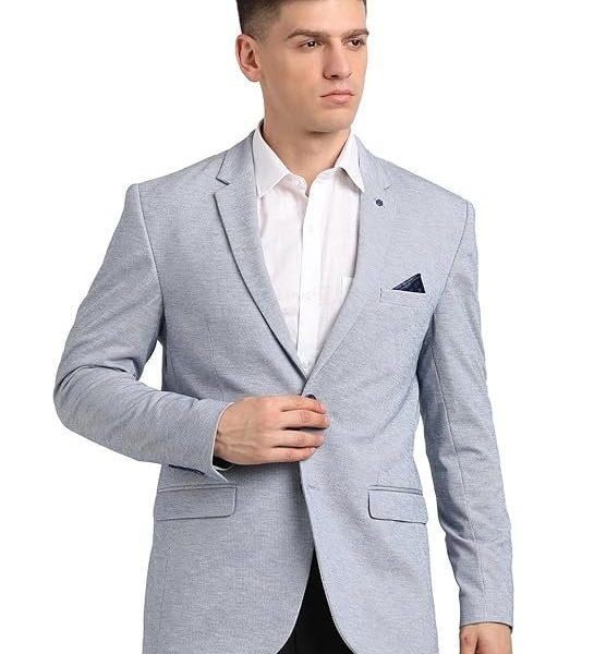 Turtle Men Knitted Notch Lapel Collar Light Blue Single Breasted Casual Blazer