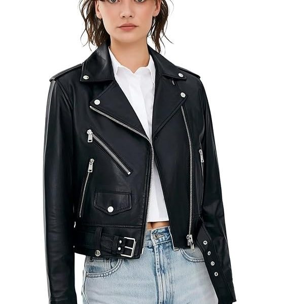 Women's Black Leather Biker Jacket with Zippers and Pockets|Premium Women’s Leather Moto Jacket for Winter – Trendy & Warm|Perfect Winter Style Soft & Durable