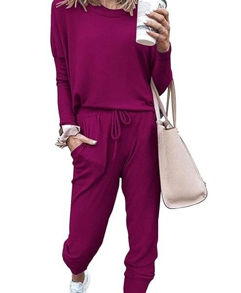 PRETTYGARDEN Women’s Solid Two Piece Outfit Long Sleeve Crewneck Pullover Tops And Long Pants Sweatsuits Tracksuits (Purple, Medium)
