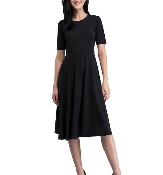 FableStreet Cotton Round Neck Knitted Fit and Flare Dress - Black