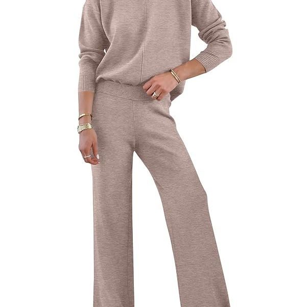 ANRABESS Womens Two Piece Outfits Lounge Sweater Sets Casual Pullover Knit Tops Wide Leg Pants 2024 Fall Clothes
