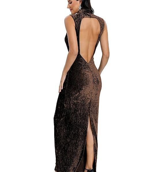 Aigeman Women Open Back Velvet Maxi Dress Halter Evening Gown Back Split Backless Bodycon Velvet Cocktail Dress 79