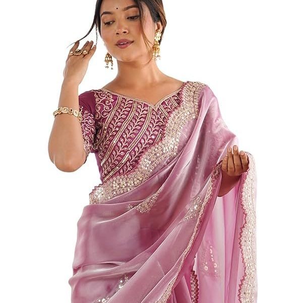 SIRIL Women's Organza Sequence Embroidery Scollped Border Saree With Unstitched Blouse Piece
