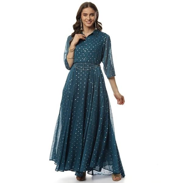 BIBA Women Fit and Flare Below The Knee Art Silk Flared Printed Dress