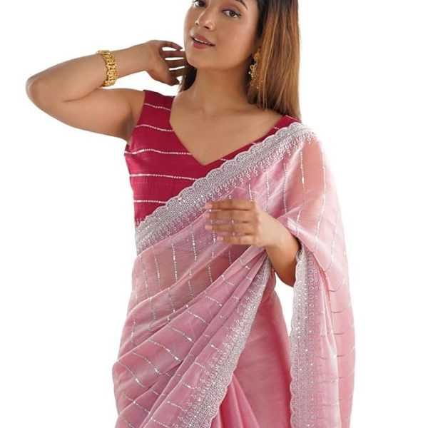 SIRIL Women's Shimmer Chiffon Sequence Embroidery Saree With Unstitched Blouse Piece for Wedding and Parties