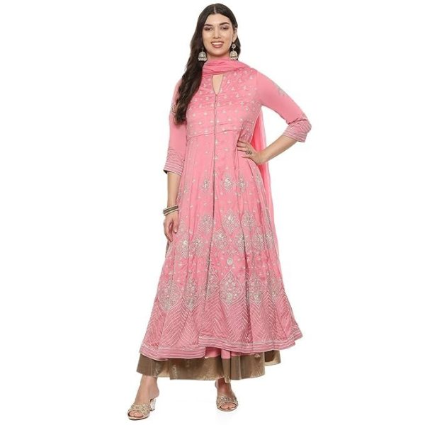BIBA Women Cotton Silk Layered Embroidered Suit Set