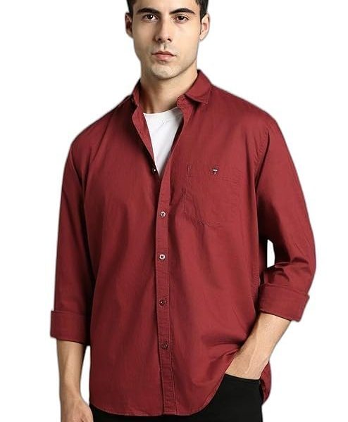 Louis Philippe Men's Textured Premium Cotton Slim fit Linen Blend Casual Shirt with Soft Hand Feel