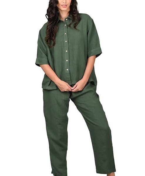 Linen Options Green Women's Shirt and Pyjama Set,Collar Neck Half Shirt and Full Pant Set for Women,Linen Material Comfortable Night Suit Set/Pyjama Set/Sleepwear/Loungewear for Women