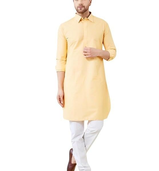 See Designs Men Cotton Solid Spread Collar Curved Hem Side Slit Full Sleeve Pathani Kurta with Pyjama
