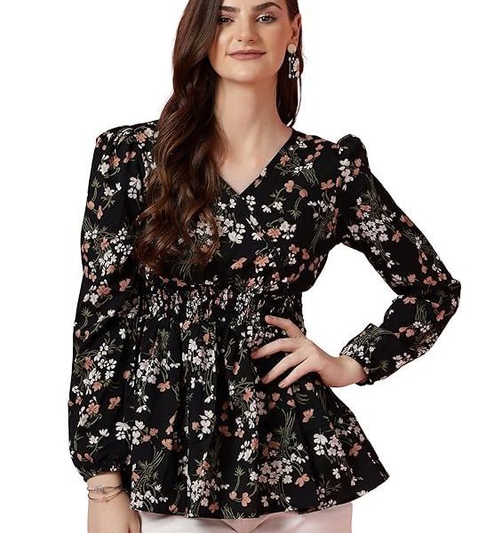 Sheetal Associates Women's Crepe Puff Sleeves Peplum Top with Floral Printed Regular Fit Full Sleeve and V-Neck Maxi Length