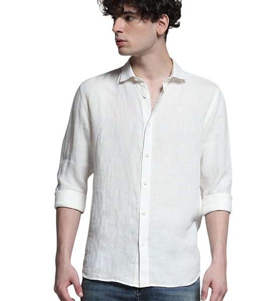 JACK & JONES Men Linen Regular Spread Collar Solid Casual Shirt