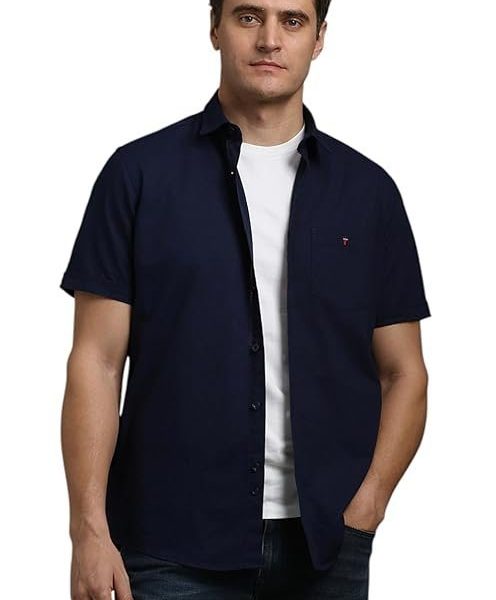 Louis Philippe Men's Textured Premium Cotton Slim fit Linen Blend Half Sleeve Casual Shirt with Soft Hand Feel