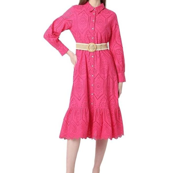 VERO MODA Women Schiffli Shirt Collar Cuffed Sleeves Pure Cotton A-Line Midi Dress