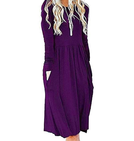 AUSELILY Women's Long Sleeve Pockets Pleated Loose Plain Flowy Formal T-Shirt Dress