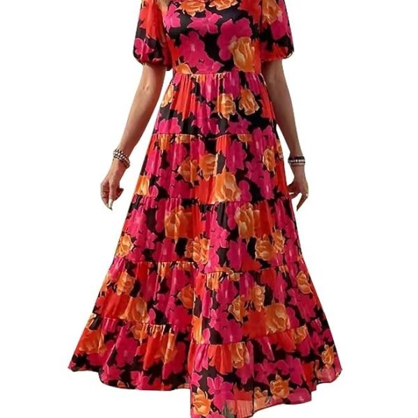 PRETTYGARDEN Womens Dresses 2024 Puff Sleeve Floral Casual Summer Dresses Smocked Backless Beach Flowy Tiered Maxi Dress