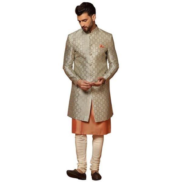 KISAH Men's Grey and Orange Indo-Western Kurta Sherwani Churidar Set Cotton Full Sleaves, Knee Length, Straight, Regular Fit, Mandarin Collar Ethnic Wear