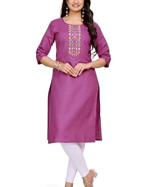 Women's Purple Embroidered Cotton Kurti, Traditional Indian Style, 3/4 Sleeve Casual Wear